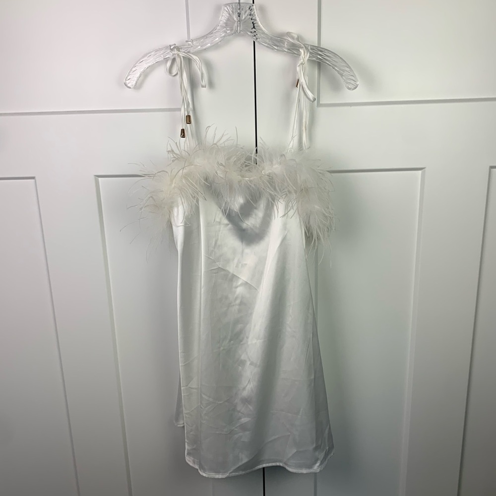 NWT Nasty Gal 2 XS Feather Trim Satin Nighty Slip Dress White Bridal Chemise